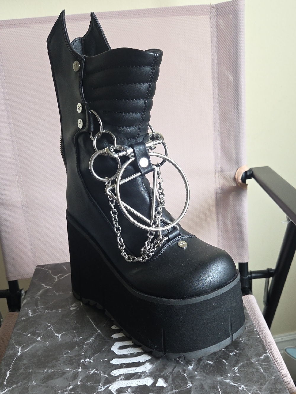 Demonia Black Platform Ankle Boots with Silver Rings & Chains 5 Inches Platform